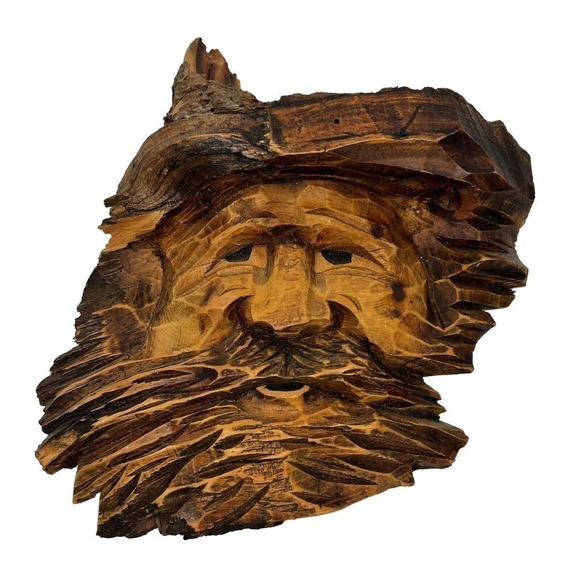Vintage Artisan Real Wood Hand Carved Old Man Wall Hangings Set of 2 Bearded - Picture 3 of 16